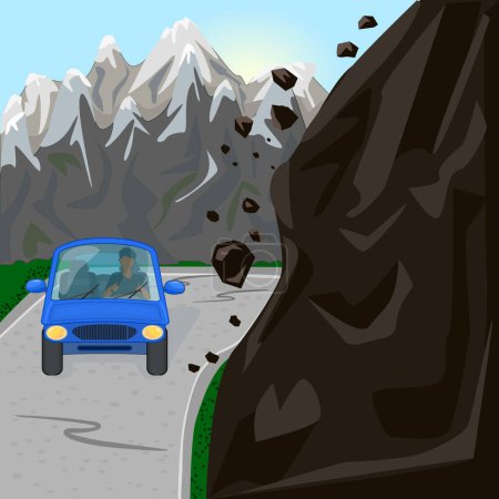 Rock fall on road. Mountain landslide with slide rocks and car on roadway. Natural disaster, earthquake, mudslide or danger concept. Dangerous cliff with debris near auto traffic. Stock vector illustration