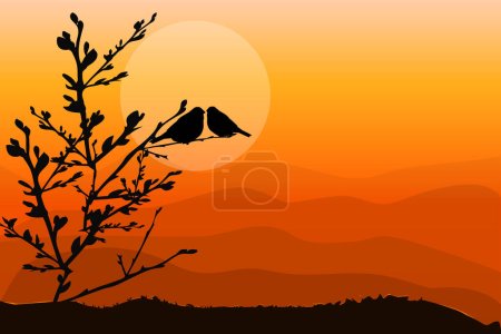 Illustration for Birds couple sitting on branch at sunset background. Two birds silhouettes on twig of tree. Evening scenery. Early morning sky in wildlife nature. Dawn landscape. Stock vector illustration - Royalty Free Image