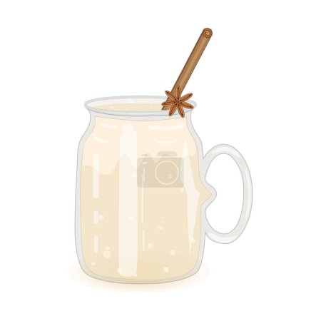 Glass of eggnog isolated on white background. Beverage eggnog in glass cup with cinnamon straw and anise star. Christmas or sweet winter traditional drink in mug. Xmas egg milk punch. New year homemade cocktail. Stock vector illustration