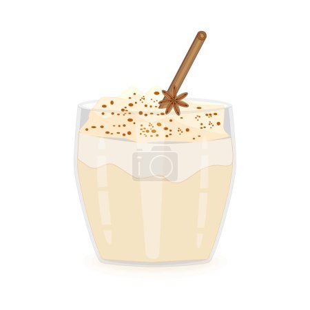 Glass of eggnog isolated on white background. Beverage eggnog in glass cup with cinnamon straw and anise star. Christmas or sweet winter traditional drink in mug. Xmas egg milk punch in goblet. New year homemade cocktail. Stock vector illustration