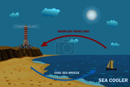 Illustration for Science poster design for sea and land breeze. Shore wind scheme. Air movement with thermal warm and cold air circulation diagram. Local weather cause. Formation of weather in a certain area. Stock vector illustration - Royalty Free Image