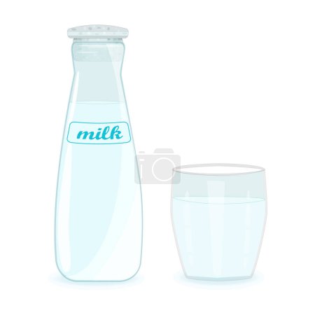 Illustration for Glass bottle and mug with milk isolated on white background. Milk bottle and glass. Fresh milk drink with vitamins. Milk beverage for breakfast. Container dairy beverage product. Stock vector illustration - Royalty Free Image