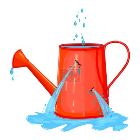 Leaking watering can and puddle isolated on white background. Pail with hole full water. Water leaking from broken watering pot. Useless red watering can. Water is poured out of hole in old watering can. Cracked red  hose. Stock vector illustration