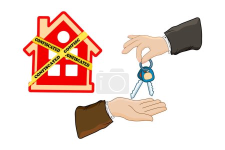 House with yellow warning tapes and hands giving keys isolated on white background. House is labelled as confiscated. Housing bubble and mortgage crisis concept. Real estate seize. Stock vector illustration