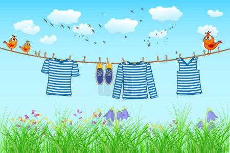 Illustration for Striped shirt hang on the rope on sky and grass background. Laundry hanging on washing line on sunny day. Clear shirt and shoes drying on clothesline with clothespins and birds. Stock vector illustration - Royalty Free Image