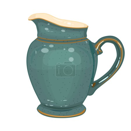 Pottery isolated on white background. Ceramic pitcher. Clay old jug. Earthen pot or carafe.  Earthenware vessel or decanter. Fictile tableware. Rustic green utensil. Vintage porcelain crockery. Stock vector illustration