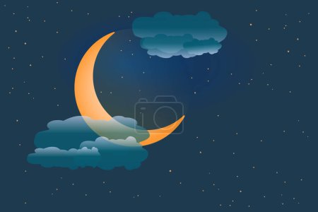 Crescent moon on starry sky background. Dreamy moonlight in night sky. Cartoon orange lunar and clouds. Night time, midnight or bedtime concept. Evening twilight. Universe, cosmos, outer space. Stock vector illustration