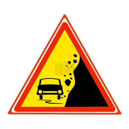 Warning falling rocks sign isolated on white background. Yellow triangle danger sign with car and stones landslide silhouette. Traffic caution insignia about rockslide or gravel. Rockfall. Stock vector illustration