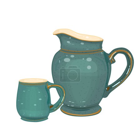 Pottery isolated on white background. Ceramic jug and mug. Clay pitcher and cup. Old porcelain tableware. Vintage earthenware or terracotta utensil set. Rustic crockery. Stock vector illustration