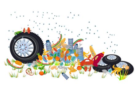 Colonies of flies fly over leftover food on the ground. Stack unsorted trash in grass. Rotting rubbish in land and flies flying around. Ecology and environment concept. Rubbish smells and started to decompose. Stock vector illustration