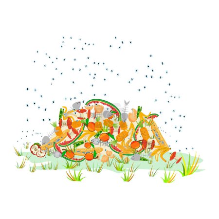 Colonies of flies fly over leftover food on the ground. Stack unsorted trash in grass. Rotting rubbish in land and flies flying around. Ecology and environment concept. Rubbish smells and started to decompose. Stock vector illustration
