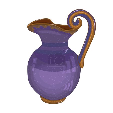 Pottery isolated on white background. Ceramic pitcher. Clay old jug. Earthen pot or carafe.  Earthenware vessel or decanter. Fictile tableware. Rustic purple utensil. Vintage porcelain crockery. Stock vector illustration
