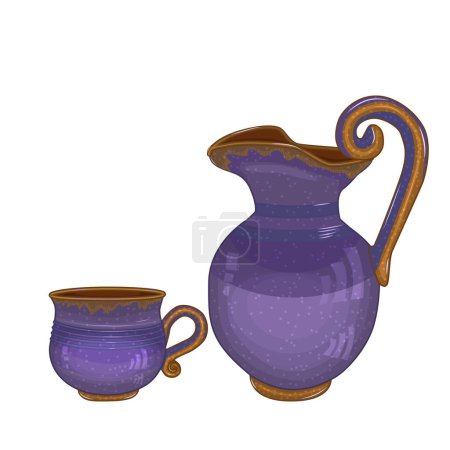 Pottery isolated on white background. Ceramic jug and mug. Clay pitcher and cup. Old porcelain tableware. Vintage earthenware or terracotta utensil set. Rustic crockery. Stock vector illustration
