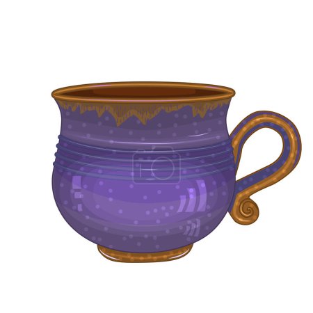 Illustration for Pottery isolated on white background. Ceramic mug. Clay old cup. Earthen tankard, glass or toby. Earthenware pipkin or cannikin. Fictile tableware. Rustic purple utensil. Vintage porcelain crockery. Stock vector illustration - Royalty Free Image