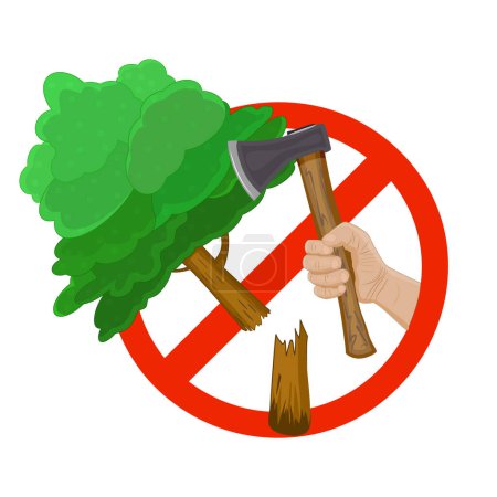 Deforestation sign isolated on white background. Stop deforestation, halt wood trees felling. Nature protection. Save forest icon. Do not cut trees, do not destroy forest symbol. Stock vector illustration