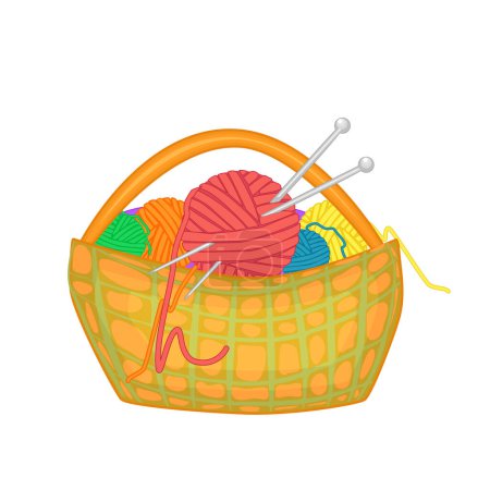 Basket with threads and knitting needles isolated on white background. Handmade work, hobby, needlework, homework. Yarn and knitting. Tangles of different colors with wool for knitting in basket. Tools for knitwork, andicraft, crocheting. Vector