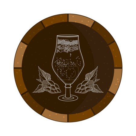 Bierglas und Hopfensilhouette in rundem Rahmen. Logo oder Schild für Bar, Kneipe, Sudhaus oder Brauerei auf dunklem Kreis. Bierfest, Wiesn-Abzeichen. Illustration von Aktienvektoren