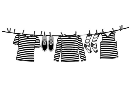 Clothesline with hanging striped clothes isolated on white background. Laundry silhouette Laundry room. Washing of summer or sailor outfit. Clear shirt and shoes drying on clothesline. Stock vector illustration