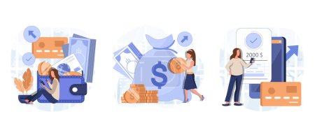 Illustration for Financial illustration set. Characters saving money in cash, credit card or in savings bank accounts. Personal finance management and savings concept. Vector illustration. - Royalty Free Image