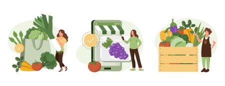 Vektor für Illustrationsset für Gemüse im Lebensmittelgeschäft. Charakter kaufen online frisches Bio-Gemüse, legen in den Warenkorb und Veggie-Box-Lieferung. Lokale Produktionsunterstützung. Vektorillustration. - Lizenzfreies Bild