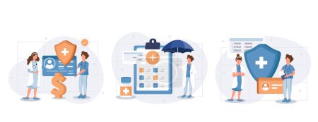 Health insurance illustration set. Doctor offering medical insurance policy contract. Patient holding insurance ID card. Medicine and healthcare concept. Vector illustration.