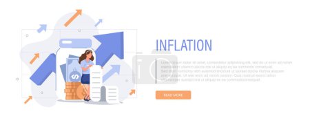 Illustration for Inflation illustration banner. Characters buying food in supermarket and worries about groceries rising price. Consumer price index growth and financial crisis concept. Vector illustration. - Royalty Free Image