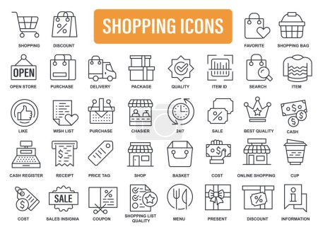 Illustration for Thin line shopping malls, retail icons set for website and mobile site and apps. Outline icons design. Linear pictogram pack. Vector illustration. - Royalty Free Image