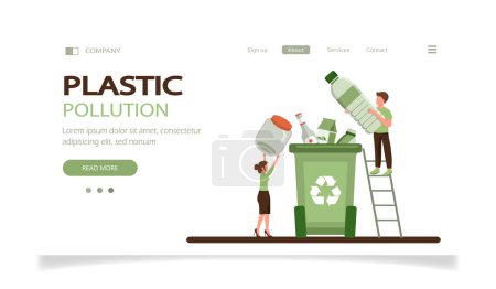 Menschen sammeln Plastikmüll in Recycling-Mülltonnen ein. Charaktere beim Sortieren des Mülls. Problemkonzept zur Plastikverschmutzung. Flache Cartoon-Vektorillustration.