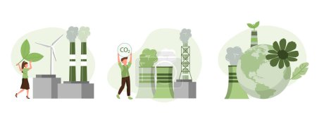 Illustration for Sustainability illustration set. Coal power station producing CO2 emission pollution and sustainable clean factory with renewable energy. Climate change concept. Vector illustration. - Royalty Free Image