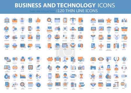 Illustration for Business and marketing, programming, data management, internet connection, social network, computing, information. Thin line blue icons set. Flat vector illustration - Royalty Free Image
