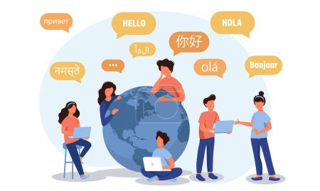Junge Leute unterhalten sich in Fremdsprachen. Vektor-Illustration für Web-Banner, Infografiken, mobil. Männliche und weibliche Zeichentrickfiguren sprechen unterschiedliche Sprachen.