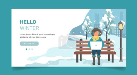 Illustration for Happy girl sitting on a bench in the winter city park with lap top and cup of coffee. Cartoon vector illustration for public garden, vacation concept. - Royalty Free Image