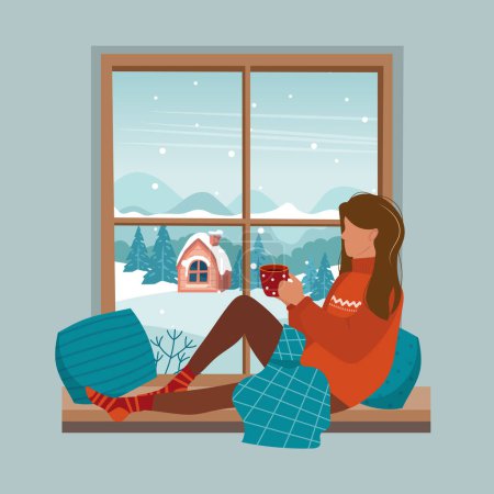 Gemütliche Winter-Illustration mit niedlichen Mädchen auf einer Fensterbank mit einer Tasse, kleine Strickdecke sitzen. Fenster mit Blick auf das Dorf. Bequemer Lebensstil. Handgezeichneter Vektor im flachen Stil. Mädchen neben Fenster