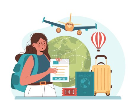 Illustration for Traveling abroad concept. Visa application approving and insurance certificate processing, International vacation or emigration procedure. Flat vector illustration - Royalty Free Image