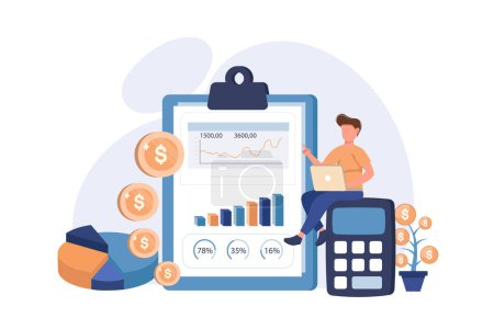 Business accounting, profit growth, calculation. Data analysis, analytics and statistics. Accountant, bookkeeper with laptop cartoon character. Vector illustration