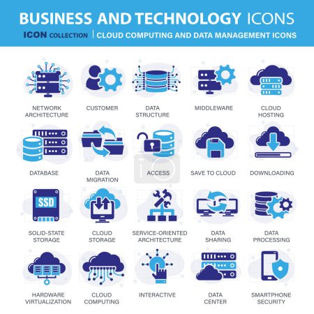 Conjunto de iconos de tecnología, computación en nube y gestión de datos. Conjunto de iconos para móviles, computación, conexiones, nube y redes. Colección de vectores iconos