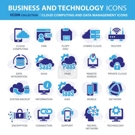 Technologie, Cloud Computing und Datenmanagement Icon Set. Mobile, Computing, Verbindungen, Cloud- und Netzwerksymbole gesetzt. Sammlung von Symbolen
