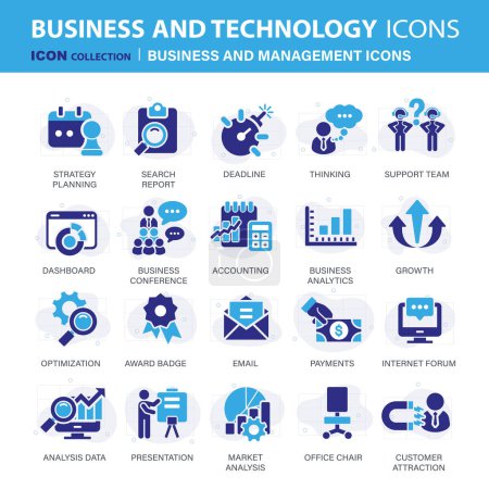 Illustration for Business and management icon set. Icons for leadership, teamwork, job and work, statistics, analytics and advertising. Flat vector illustration. Blue icon for business collection - Royalty Free Image