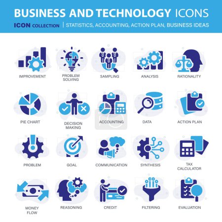 Colección de iconos para negocios y gestión. Iconos conceptuales para estadísticas, contabilidad, plan de acción e ideas de negocio. Ilustración vectorial plana