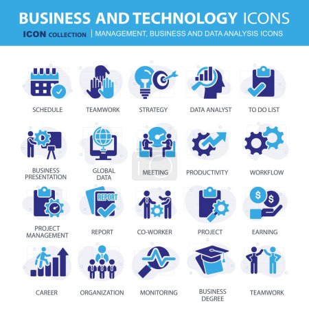Collection d'icônes pour les entreprises et la gestion. Icônes conceptuelles pour les statistiques, la comptabilité, le plan d'action et les idées d'entreprise. Illustration vectorielle plate