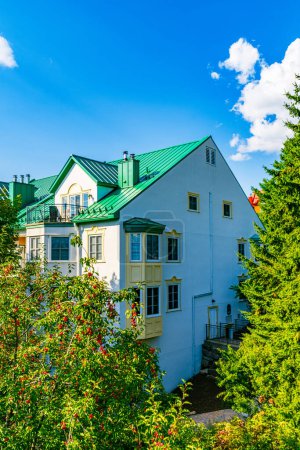A quaint green-roofed building nestled amidst vibrant foliage in Mont Tremblant, the picture of peaceful living in harmony with a beautiful national park. Quebec, Canada. High quality photo.