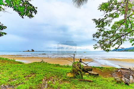 Serene tropical beach scene with overcast skies, framed by verdant foliage and a view of distant islands. High quality photo. Uvita Puntarenas Province Costa Rica.