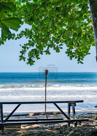 Malerischer Blick auf einen ruhigen Strand mit einem Picknicktisch unter sattgrünem Laub, mit Blick auf die ruhigen Meereswellen. Hochwertiges Foto. Pargue Nacional Cahuita, wunderschöner tropischer Karibikstrand, Cahuita