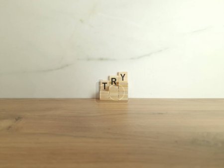 Foto de Prueba de palabras hechas de bloques de madera. Propósito y movimiento hacia el éxito a pesar de obstáculos - Imagen libre de derechos