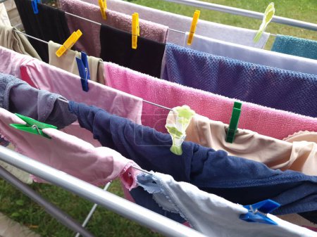 Téléchargez les photos : Sous-vêtements humides colorés suspendus et séchant sur le sèche-linge - en image libre de droit