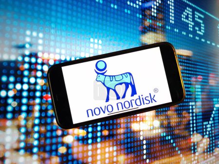 Photo for Konskie, Poland - January 03, 2024: Novo Nordisk pharmaceutical company logo displayed on mobile phone screen - Royalty Free Image