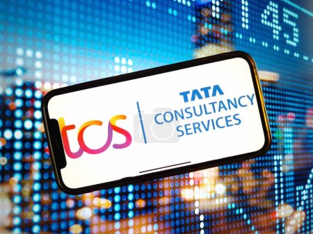 Photo for Konskie, Poland - January 04, 2024: TCS Tata Consultancy Services company logo displayed on mobile phone screen - Royalty Free Image