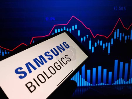 Téléchargez les photos : Konskie, Pologne - 16 janvier 2024 : Le logo de la société Samsung Biologics est affiché sur l'écran du téléphone mobile - en image libre de droit