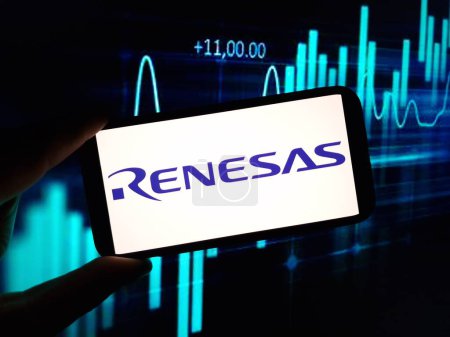 Photo for Konskie, Poland - January 31, 2024: Renesas Electronics company logo displayed on mobile phone screen - Royalty Free Image