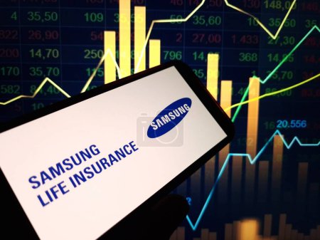 Photo for Konskie, Poland - February 24, 2024: Samsung Life Insurance company logo displayed on mobile phone - Royalty Free Image